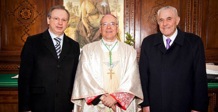 Agostino Bonomo, presidente Confartigianato Vicenza, mons. Beniamino Pizziol, vescovo della città, e Gino Cogo, presidente Anap Vicenza