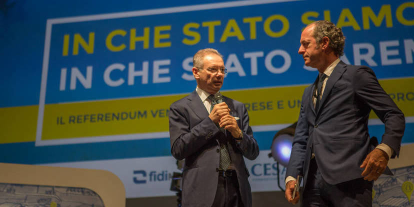 Agostino Bonomo e Luca Zaia sul palco della Fiera di Vicenza Agostino Bonomo e Luca Zaia sul palco della Fiera di Vicenza