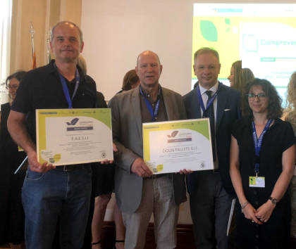 Roberto Frigo (titolare della FAE srl di Dueville), Tiziano Golin (titolare della Golin Pallets sr di Brendola), con il presidente di Confartigianato Imprese Vicenza, Agostino Bonomo, e la responsabile del Servizio Ambiente di Confartigianato Imprese Vicenza, Alessia Ortoman