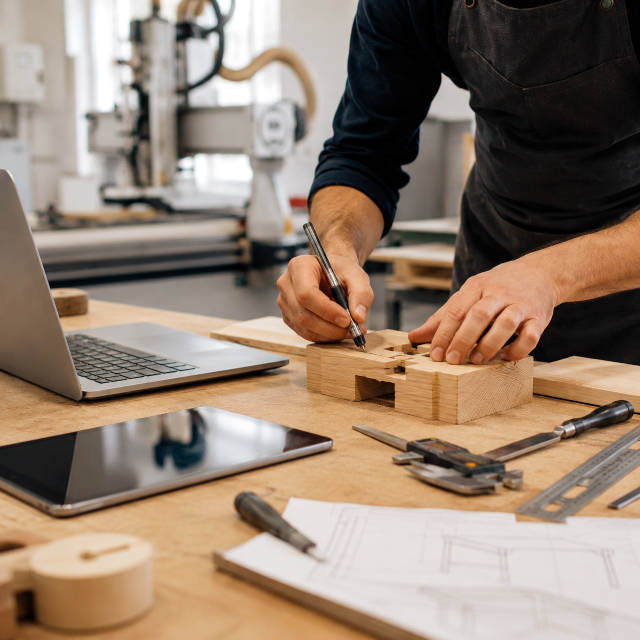 Progettazione digitale e lavorazione artigiana in un laboratorio moderno