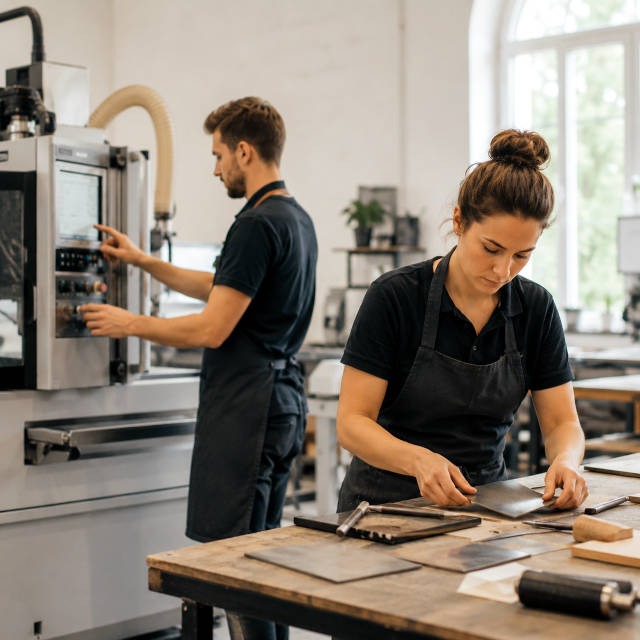 Artigiani al lavoro con attrezzature e macchinari tecnologici