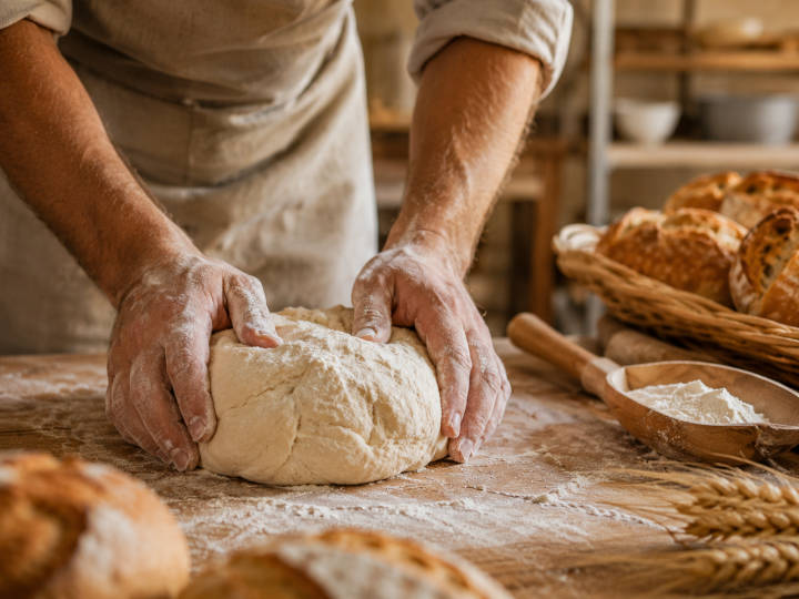 Mani infarinate mentre lavorano un impasto per il pane